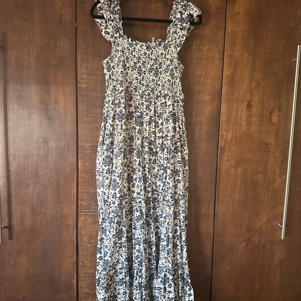 Floral Blue and White Ruched Maxi Dress
